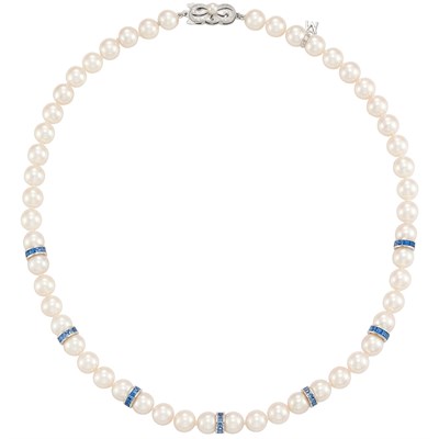 Lot 263 - Cultured Pearl, White Gold and Sapphire Necklace, Mikimoto
