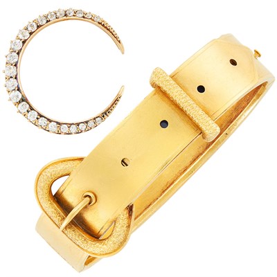 Lot 92 - Antique Gold Buckle Bangle Bracelet and Diamond Crescent Pin
