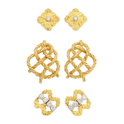 Lot 181 - Pair of Gold 'Crepe de Chine' Knot Earclips, Buccellati, and Two Pairs of Two-Color Gold and Diamond Earclips