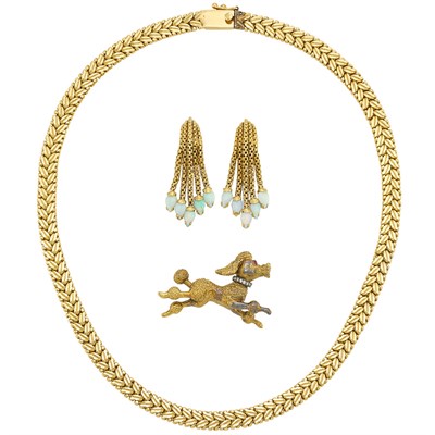 Lot 527 - Gold Necklace, Pair of Gold and Opal Fringe Earclips and Gold and Diamond Poodle Pin