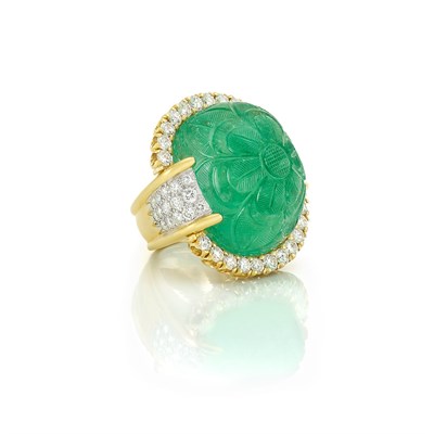 Lot 305 - Gold, Platinum, Carved Emerald and Diamond Ring, David Webb