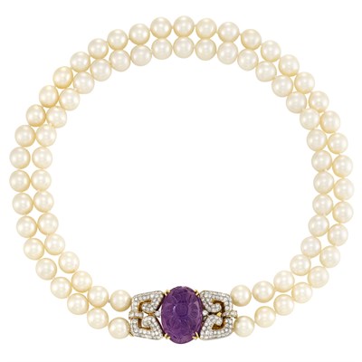 Lot 17 - Double Strand Cultured Pearl, Two-Color Gold, Diamond and Carved Amethyst Necklace