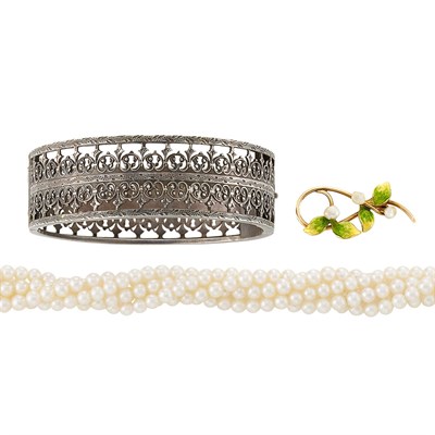 Lot 269 - Multistrand Cultured Pearl Bracelet, Silver Cuff Bangle, Napier, and Art Nouveau Gold, Enamel and Freshwater Pearl Pin