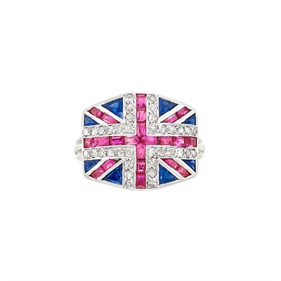 Lot 2 - Platinum, Gold, Diamond, Ruby and Sapphire British Flag Ring
