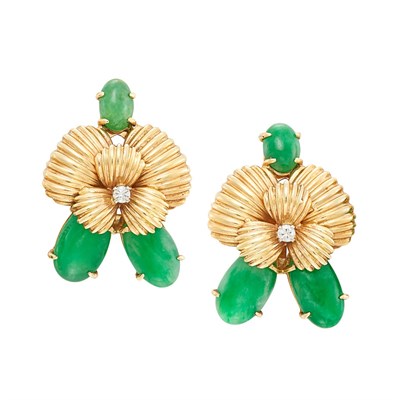 Lot 231 - Pair of Gold, Jade and Diamond Earclips