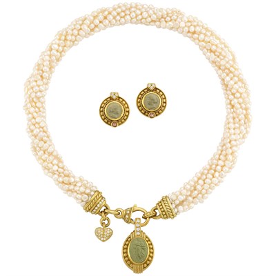 Lot 578 - Nine Strand Biwa Pearl, Gold, Lava Cameo and Diamond Torsade Necklace and Pair of Earclips, Judith Ripka