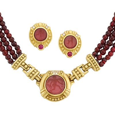 Lot 333 - Triple Strand Garnet Bead, Gold, Pink Glass Intaglio and Diamond Necklace and Pair of Earclips, Judith Ripka