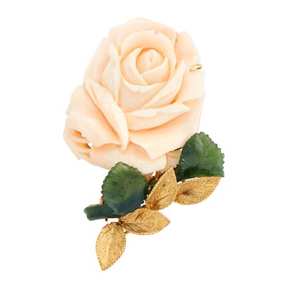 Lot 510 - Gold, Carved Coral and Nephrite Rose Clip-Brooch