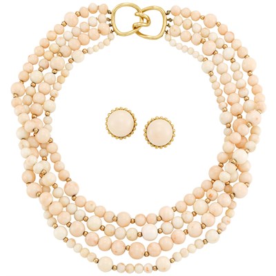 Lot 214 - Four Strand White and Angel Skin Coral and Gold Bead Necklace and Pair of Earclips