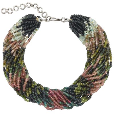 Lot 62 - Twenty Strand Multicolored Tourmaline Bead Torsade Necklace with Silver Clasp