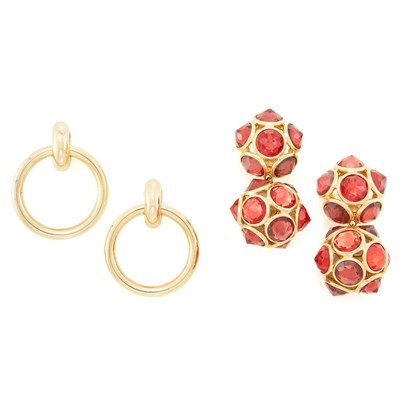 Lot 223 - Pair of Gilt-Metal and Red Rhinestone Oversized Pendant-Earclips, Yves Saint Laurent and Pair of Gilt-Metal Hoop Pendant-Earclips