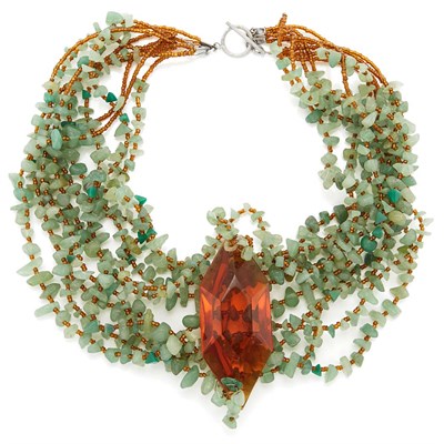 Lot 224 - Ten Strand Tumbled Green Hardstone, Golden Bead and Golden Glass Necklace