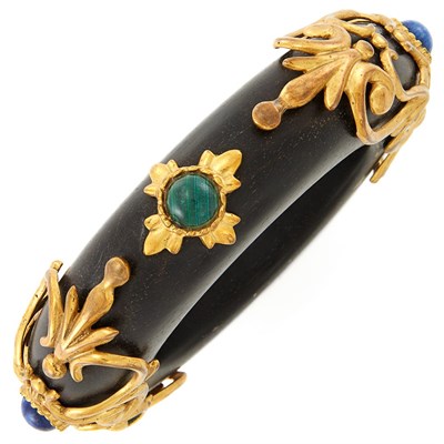 Lot 226 - Gilt-Metal, Wood and Cabochon Sodalite and Malaclite Bangle Bracelet, Isabel Canovas