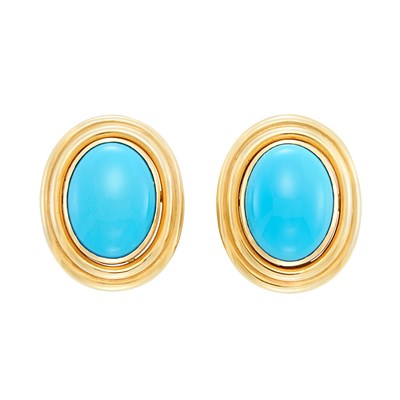Lot 480 - Pair of Gold and Turquoise Earclips