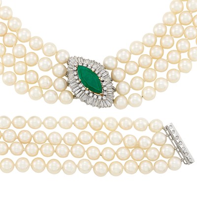 Lot 287 - Four Strand Cultured Pearl, White Gold, Emerald and Diamond Necklace and Bracelet