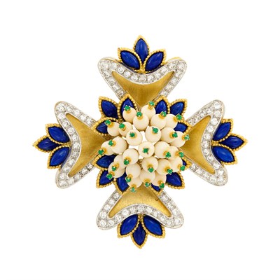 Lot 215 - Two-Color Gold, Angel Skin Coral Bead, Lapis, Emerald and Diamond Maltese Cross Pendant-Brooch