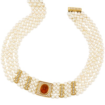 Lot 248 - Four Strand Cultured Pearl, Gold, Cabochon Citrine and Diamond Necklace