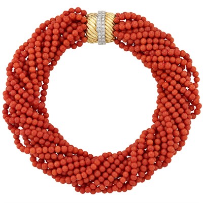 Lot 359 - Twelve Strand Coral Bead Torsade Necklace with Gold and Diamond Clasp