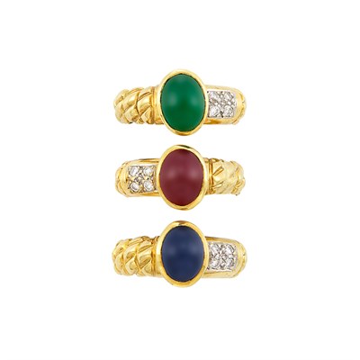 Lot 376 - Three Gold, Cabochon Colored Stone and Diamond Stacking Rings, Cassis
