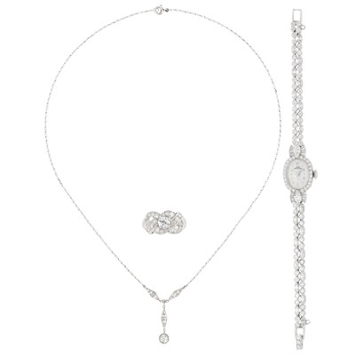 Lot 107 - Platinum and Diamond Wristwatch, Hamilton, and White Gold and Diamond Ring and Necklace
