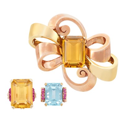 Lot 207 - Retro Two-Color Gold and Citrine Bow Brooch and Two Gem-Set Rings