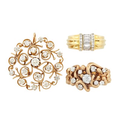 Lot 268 - Two-Color Gold and Diamond Pendant-Brooch and Two Rings