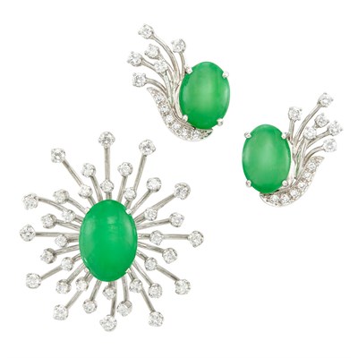 Lot 170 - White Gold, Jade and Diamond Pendant-Brooch and Pair of Earclips