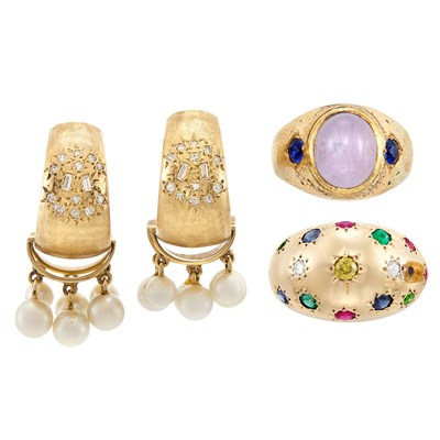 Lot 97 - Pair of Gold, Diamond and Diamond Earclips and Two Gold and Gem-Set Rings