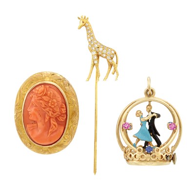 Lot 96 - Gold, Diamond, Gem-Set and Enamel Windup Dancing Couple Charm-Pendant, Giraffe Stick Pin and Antique Coral Cameo Pendant