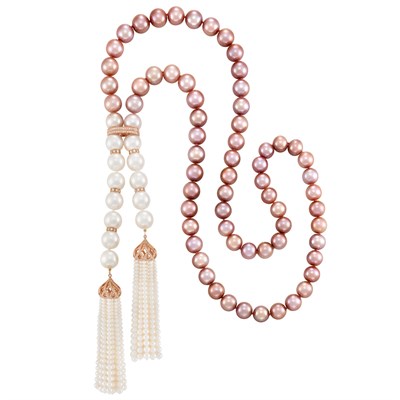 Lot 393 - Long Rose Gold, South Sea Cultured Pearl, Freshwater Pink Pearl and Diamond Ombre Tassle Necklace
