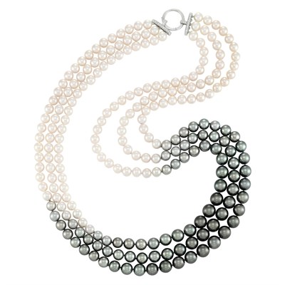 Lot 323 - Triple Strand Tahitian and Cultured Pearl Ombré Necklace with White Gold and Diamond Clasp