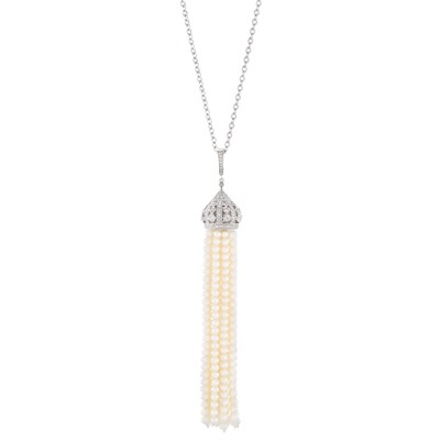 Lot 233 - White Gold, Diamond and Cultured Pearl Tassel Pendant with Chain Necklace