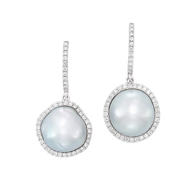 Lot 130 - Pair of White Gold, South Sea Semi-Baroque Cultured Pearl and Diamond Pendant-Earrings