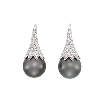 Lot 66 - Pair of White Gold, Tahitian Black Cultured Pearl and Diamond Earrings