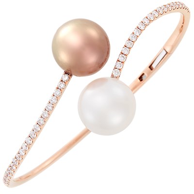 Lot 394 - Rose Gold, South Sea and Freshwater Cultured Pearl and Diamond Bypass Bangle Bracelet