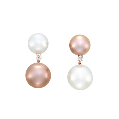 Lot 395 - Pair of Rose Gold, South Sea Pearl, Freshwater Pearl and Diamond Pendant-Earrings
