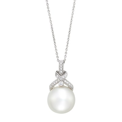 Lot 231 - White Gold, South Sea Cultured Pearl and Diamond Pendant with Chain Necklace