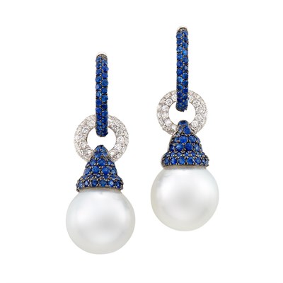 Lot 230 - Pair of White Gold, South Sea Cultured Pearl, Sapphire and Diamond Pendant-Earrings