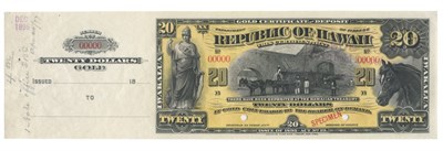 Lot 1115 - Hawaii 1895 $20 Gold Certificate Specimen...