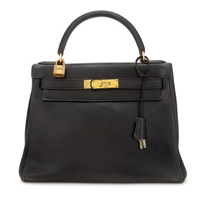Lot 633 - Black Leather and Brass 30cm 'Kelly' Handbag, Hermès, Paris