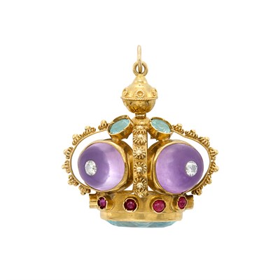 Lot 8 - Gold, Diamond and Gem-Set Crown Pendant