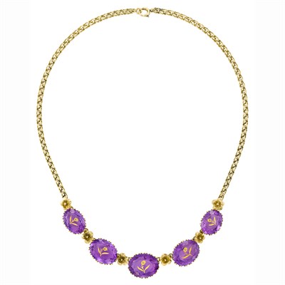Lot 122 - Two-Color Gold, Amethyst and Diamond Necklace