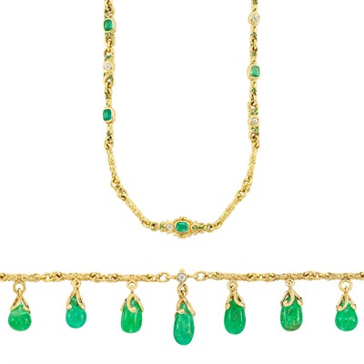 Lot 20 - Antique Gold, Emerald, Diamond and Enamel Link Necklace and Bracelet