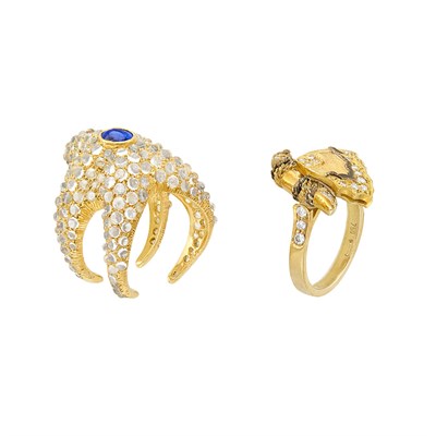 Lot 157 - Gold and Diamond Butterfly Ring and Silver-Gilt, Moonstone and Sapphire Starfish Ring