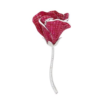 Lot 356 - White Gold, Invisibly-Set Ruby and Diamond 'En Tremblant' Flower Brooch, Alexis