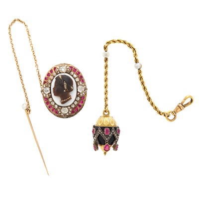 Lot 329 - Antique Gold, Silver, Diamond, Ruby & Pearl Egg Locket, France, and Silver, Gold, Hardstone Cameo, Ruby and Diamond Pin