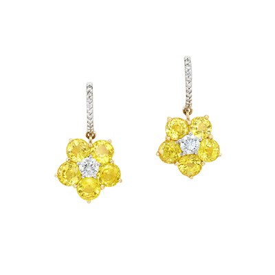 Lot 244 - Pair of Two-Color Gold, Yellow Sapphire and Diamond Flower Pendant Earrings, Piranesi