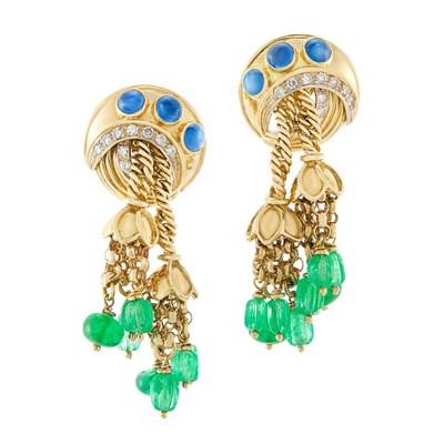 Lot 374 - Pair of Gold, Emerald, Sapphire and Diamond Tassel Pendant-Earrings, Taylor