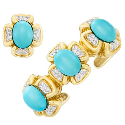 Lot 161 - Two-Color Gold, Interchangeable Hardstone and Diamond Bangle Bracelet and Ring