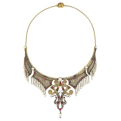Lot 53 - Gold, Ruby, Diamond, Pearl and Sapphire Fringe Collar Pendant-Brooch Necklace